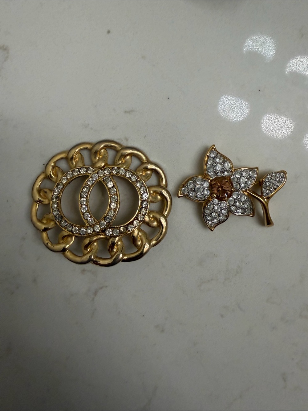 Vintage Gold Crystal Floral and Interlocking Circle Brooch Set